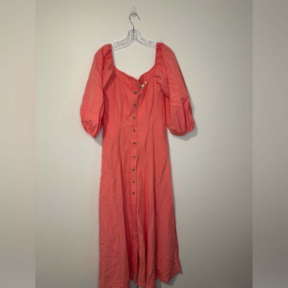 Mara Hoffman Mika Pink Linen Puff Sleeve Button Down Boho Picnic Maxi‎ Dress 4 - Picture 2 of 8
